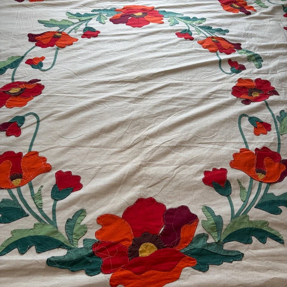 Vintage Progress Poppy Wreath Quilt Top Unfinished Appliqué Pre Stamped